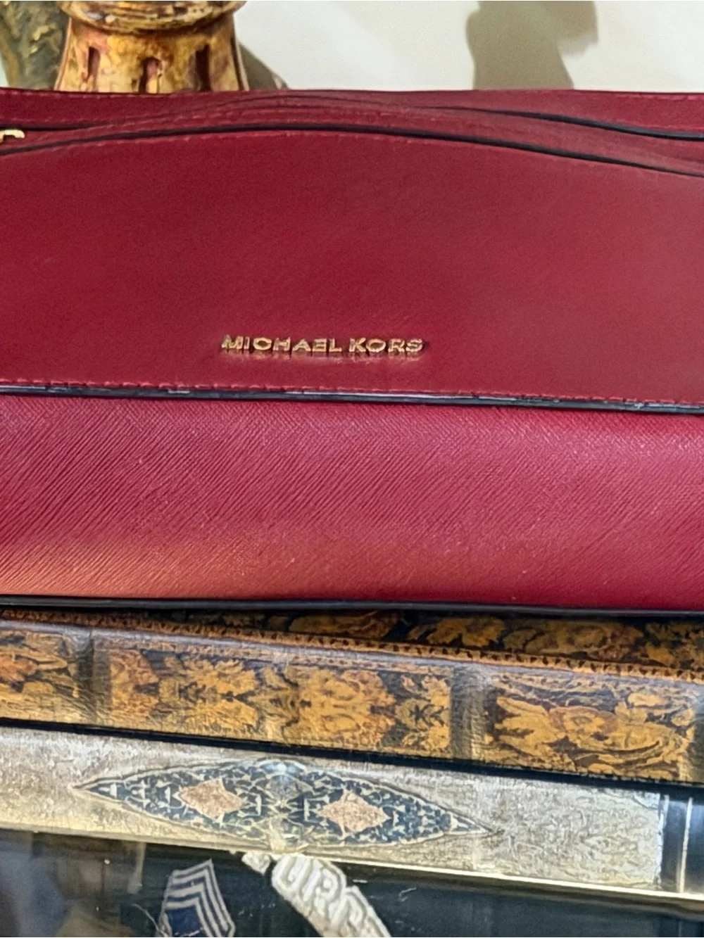 Michael Kors Large EW Saffiano Leather Crossbody Bag Cherry Red Gold Chain
